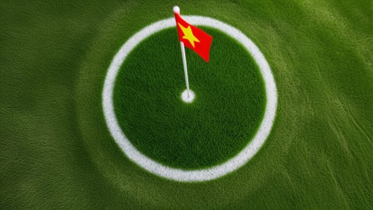 Lá cờ đỏ sao vàng cắm giữa vòng tròn sân cỏ, biểu tượng cho tinh thần thi đấu của đội tuyển Việt Nam trong lịch sử đối đầu với Thái Lan.