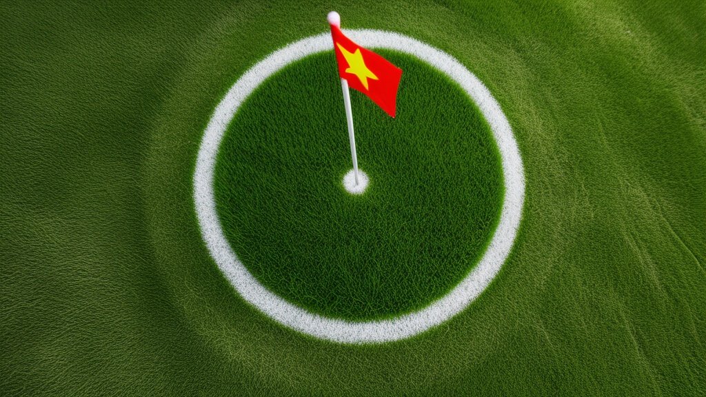 Lá cờ đỏ sao vàng cắm giữa vòng tròn sân cỏ, biểu tượng cho tinh thần thi đấu của đội tuyển Việt Nam trong lịch sử đối đầu với Thái Lan.