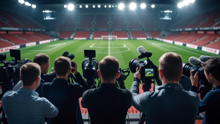 Đám đông phóng viên và máy quay hướng về phía sân bóng với ánh đèn flash, minh họa áp lực truyền thông với đội tuyển Việt Nam