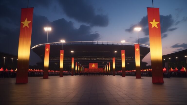 Sân vận động Đông Nam Á rực sáng đèn pha trước giờ khai mạc ASEAN Cup 2026, băng rôn cờ trừu tượng đỏ vàng bay trong gió