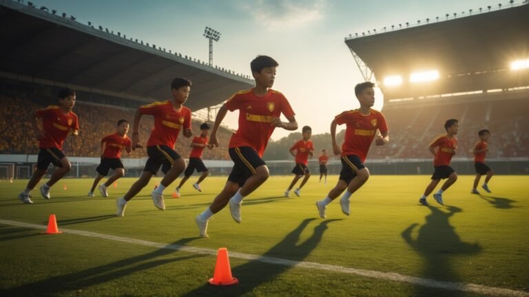 Các cầu thủ trẻ tập luyện năng nổ trên sân cỏ buổi sáng, thể hiện xu hướng trẻ hóa đội hình bóng đá