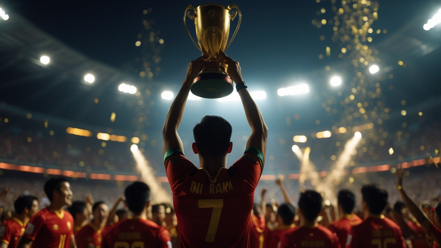 Đội trưởng giơ cao cúp vô địch trong pháo hoa và confetti mừng chiến thắng, khoảnh khắc lịch sử ba lần vô địch