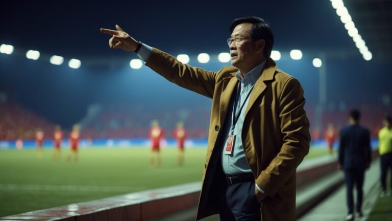 Huấn luyện viên trưởng đứng bên đường biên ra hiệu chỉ đạo chiến thuật cho đội bóng trong trận đấu ban đêm