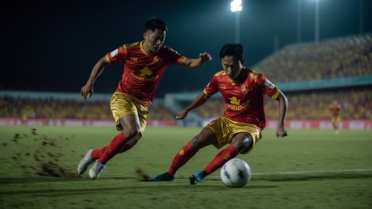 Cầu thủ V-League tranh chấp bóng quyết liệt giữa sân trong trận đấu đêm trước giờ G